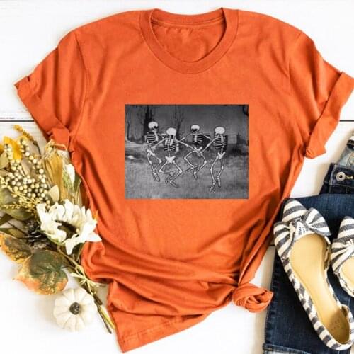 Old Cartoon Dancing Skeletons Graphic T Shirts Harajuku Ladies Tops 2020 Halloween Horror Movie Women Black Top Vintage Mom