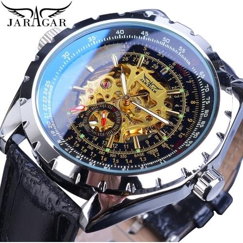Jaragar Black Golden Business Mens Watch Skeleton Automatic Self-Wind Mechanical Sport Leather Band Wristwatch Relogio Masculino