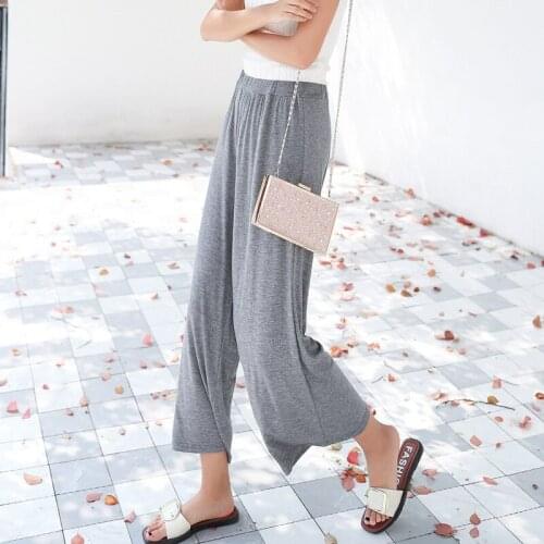 Summer Loose Solid High Elastic Waist Pure Cotton Wide Leg Pants Casual Style Calf-Length Pants Elegant Trousers For Women D163