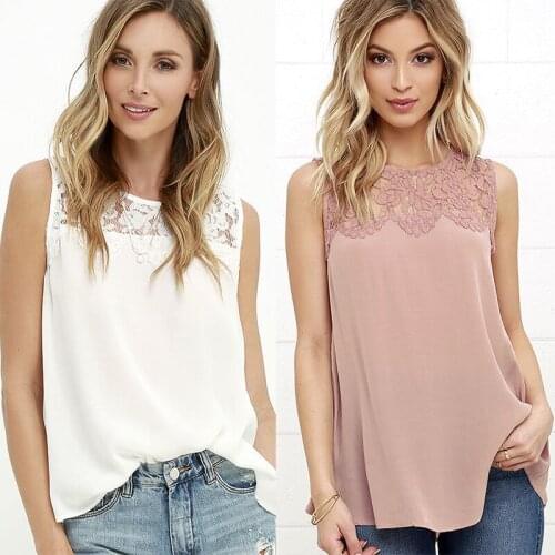 Summer New Fashion Casual Loose Large Size Solid Lace Stitching Round Neck Sleeveless Sexy Hollow Out Chiffon Shirt