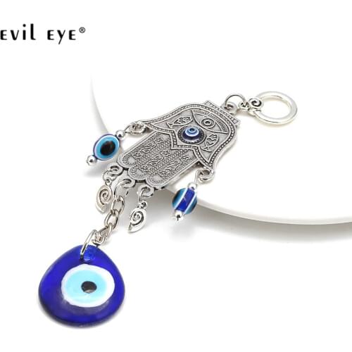 EVIL EYE Silver Color Alloy Fatima Hamsa Hand Pendant Wall Hanging Blue Turkish Eye Keychain for Office Home Living Room EY1066