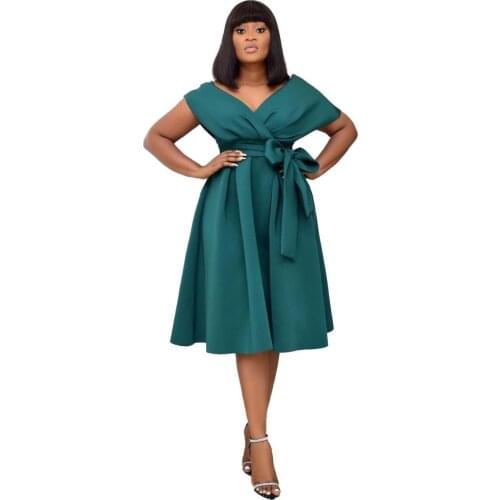 Office Lady Work Wear Elegant Midi Dress For Women Plus Size African Clothes Sexy Deep V Neck Ruched Big Swing Party Night Dress