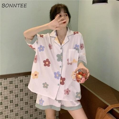 Pajama Sets Women Sweet Floral Korean Summer Soft Drawstring Schoolgirls Pajamas Casual High Waist Fashion New Womens Nightwear