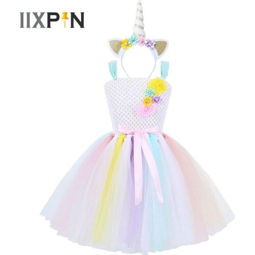 IIXPIN Girls Tutu Dress Cartoon Outfit Fancy Rainbow Princess Pony Dress With Headband Christmas Halloween Costume Party Dress