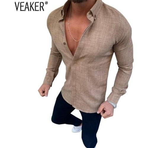 2021 Autumn New Mens Long Sleeve Linen Shirts Male Casual Cotton Linen Solid Color Sexy Slim fit Shirt S-2XL