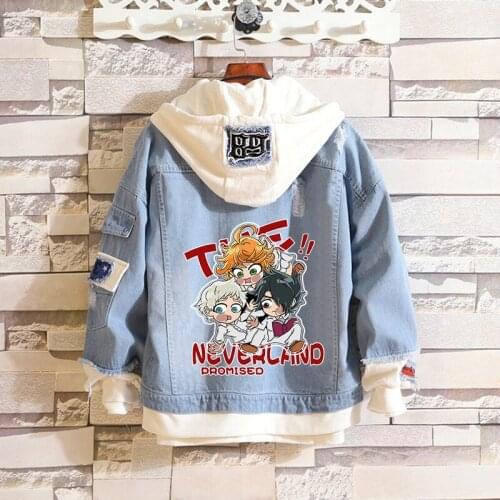 S-4XL Anime The Promised Neverland Ray Emma Cosplay Hoodies&Sweatshirts Men Women Couple Cartoon Print Hooded Denim Coat C66M260