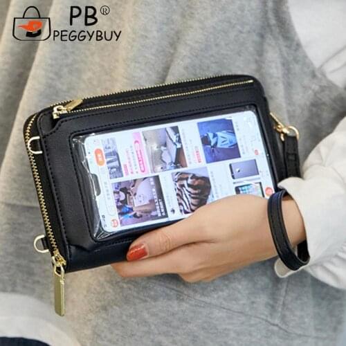 Fashion Women PU Leather Shoulder Crossbody Bag Portable Solid Color Touch Screen Phone Bags Casual Zipper Small Wallet Purse