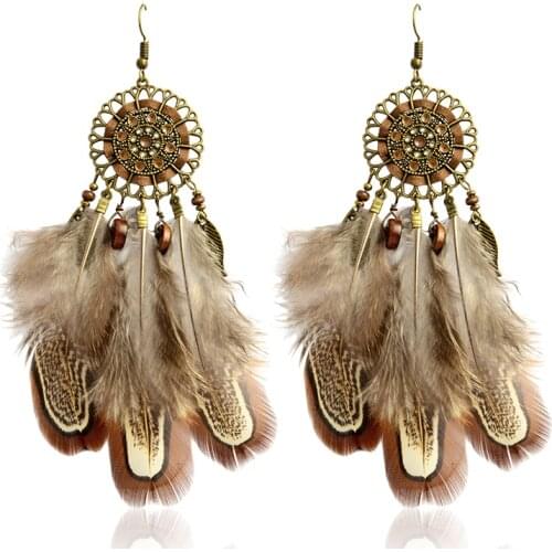 Vinatge Feather Drop Earrings Fashion Bohemia Ethnic Indian Brown Alloy Beads Dangles Earrings For Women Jewelry Winter Gift