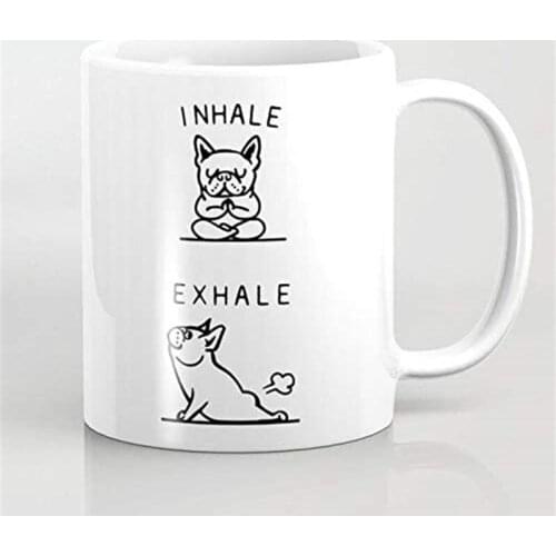 Inhale Exhale Classic Coffee Mug Funny Galaxy Yoga Bulldog Pug Exhale Tea Cup- White Fine Bone Ceramic 11 OZ
