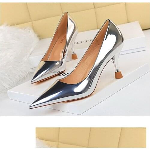 Womens Metallic Shiny Sexy High Heels 7.5cm Glass Heeled Gold Banquet OL Pumps 43 Ladies Silver Patent Leather Bling Party Shoes