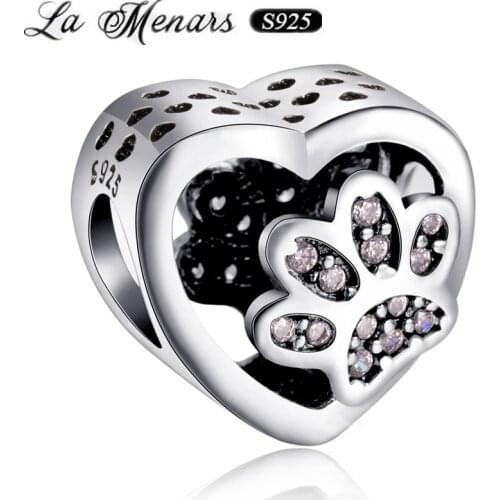 La Menars New Paw Print Heart Bead Fit Original Pandora Charm Bracelet Genuine 925 Sterling Silver For Women Jewelry DIY Making