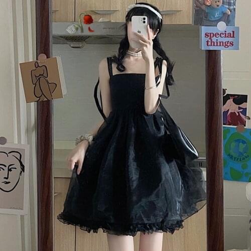 Summer New Vintage Sexy Party Sling Ruffle Tutu Women Dress Harajuku Soft Girl Spaghetti Strap Mesh Kawaii Dress Gothic Diablo