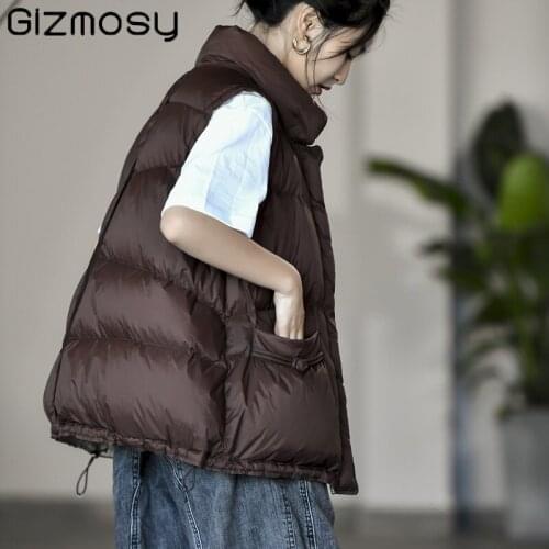 Gizmosy Winter Ultra Light White Duck Down Vest Women Single Breasted Women Warm Down Coat Sleeveless Loose Outwear Jacket