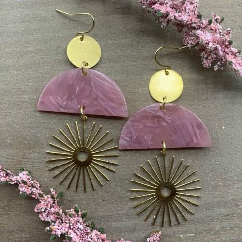 Gold Sun Pink Acetate Half Moon Earrings