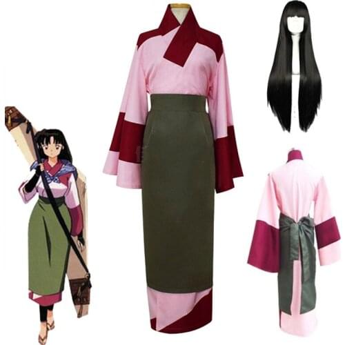 2020 Hot Anime Inuyasha Sango Kimono Cosplay Costume Women Girls Japanese Inuyasha Sango Kimon Cos Clothing full set Wig