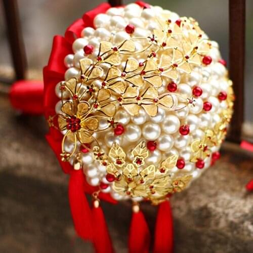 7 inch Custom Red Brooch Bouquet Bridal brides Crystal Pearls gold Bouquet, Chinese style Wedding decoration Tassel creative