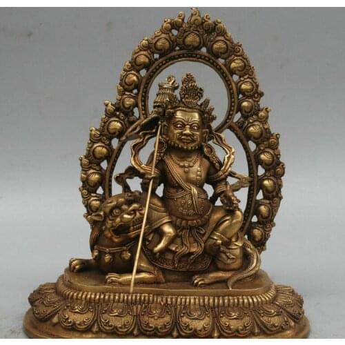 9'' China Tibet Vaishravana Buddha Ride Lion Beast Bronze Statue