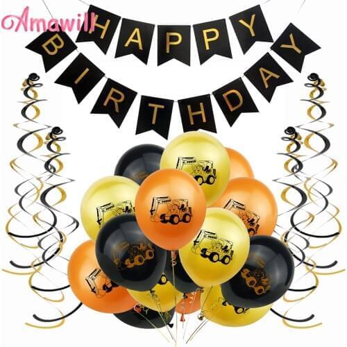 Amawill Construction Vehicle Excavator Latex Helium Balloons Engineering Birthday Party Decoration Baby Shower Favor Supplies