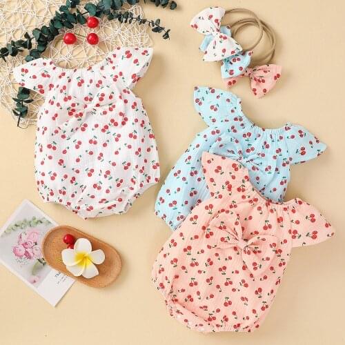 FOCUSNORM Newborn Baby Girls Bodysuits Headband 2pcs Cheery Print Ruffles Fly Sleeve Jumpsuits