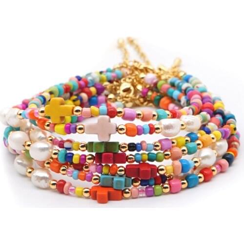 Go2Boho Ankle Bracelet Boho Jewelry Rainbow Anklets For Women Freshwater Pearl Anklet Christ Cross Tobillera Beach Accessories