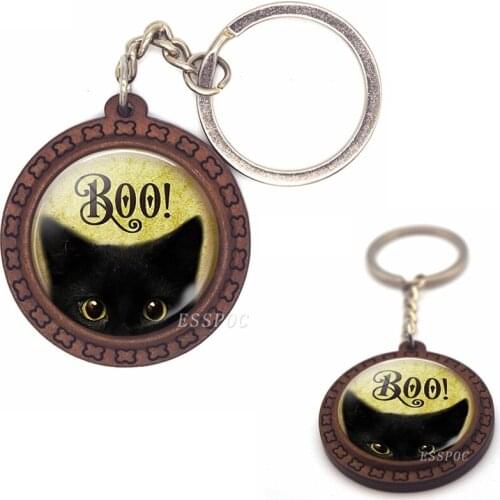BOO ! Halloween Samhain Cat Trick or Treat Wooden Keychain Glass Cabochon Jewelry Cute Kitten Key Ring Chain Women Gift