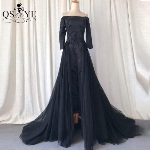 Long Black Prom Dress Off Shoulder Satin Evening Gown Bead Lace Appliques Formal Dress Tulle Skirt Black Party Dress with Pants
