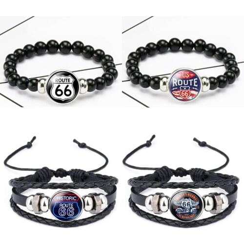 FIMAODZ Retro US Route 66 Bracelet US Flag Glass Dome Charm Leather Bracelets for Men Women Jewelry