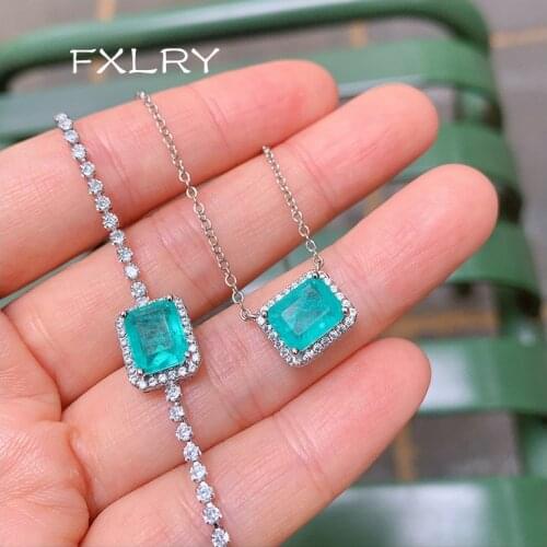 FXLRY Elegant Fashion White Color Cubic Zircon Blue Square Bracelet /Necklace For Women Party Jewelry