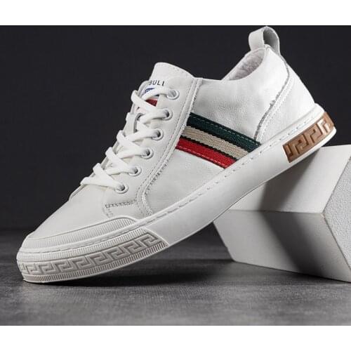 New High End Men Cow Leather Casual Shoes Spring Luxury Striped Leisure Comfortable Flat White Shoes Sneakers