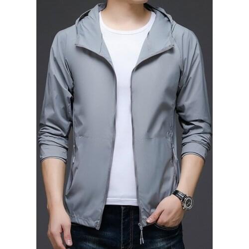 Summer side slit pocket hooded thin gray youth casual zipper spot sunscreen fit jacket