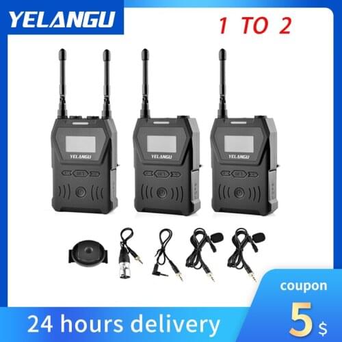 YELANGU 1TO 2 Condenser Microphone System Wireless Mic Lavalier for Smartphone DSLR Camera Realtime Monitoring 80M Transmission
