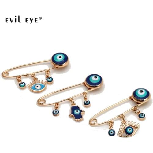 EVIL EYE Copper Hamsa Hand Blue Turkish Evil Eye Charm Brooch Pin Gold Color Clothes Clips Brooch Jewelry for Women Men BE269