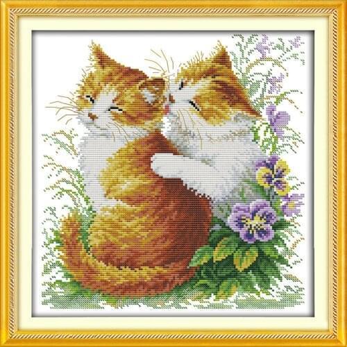 Lovely Kissing Cats Cross Stitch Kits Printed on Canvas DMC 14CT 11CT Counted Home Decor Cross-stitch Set Embroidery Needlework