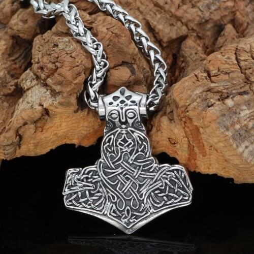 Nordic Viking Mjolnir Stainless Steel Thor Hammer Necklace For Men With Valknut Gift Bag