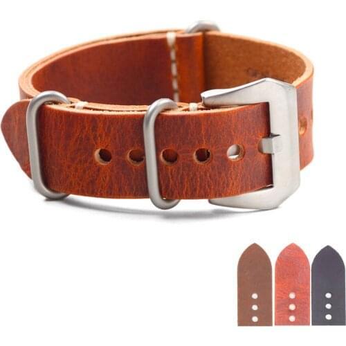 EACHE Handmade Stitching ZULU Rings Genuine Leather Watch Strap for Military Watch 20mm 22mm 24mm