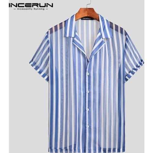 Men Striped Shirt Mesh Lapel Short Sleeve See Through Casual Hawaiian Shirts Breathable Button Streetwear Camisa INCERUN S-5XL