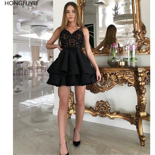 HONGFUYU Sexy Black Homecoming Dresses V Neck Sleeveless vestidos de graduacion Cocktail Dress Lace Satin Short Prom Party Dress