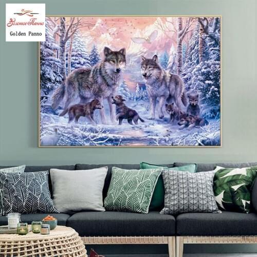 Golden Panno Needlework,DMC DIY cross-stitch,Full embroidery kitsWolf Animal Snow patterns chinese cross stitch printed on canva