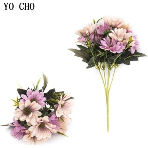 YO CHO 5 Fork 10 Heads Silk Artificial Flowers White Daisy Flower Bouquet Wedding Table Centerpiece Home Party Decor Fake Flower