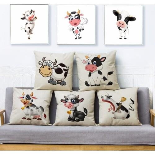 Funny Cartoon Dairy Cow Print Throw Pillow Cover 45*45 Square Cushion Covers Linen Pillow Case Car Sofa Home Decor Pillows Cases