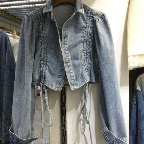 Drawstring Bandage Short Denim Jacket Women 2021 New Korean Fashion Full Sleeves Cropped Jacket Jean Tops Autumn Female Coats