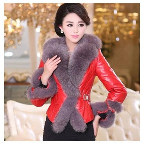 Red New Fashion Winter Women Thick Faux Fur Furry Fox Grass Leather PU Jacket Casual Oversize Overcoats Lady Girl Out Loose Coat