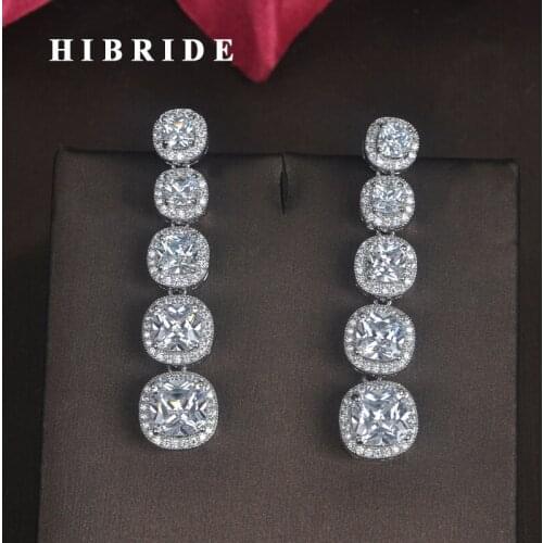HIBRIDE Brilliant Crystal Round Cut CZ Stone Clear Long Drop Earrings Women Bride Party Jewelry brincos para as mulheres E-665