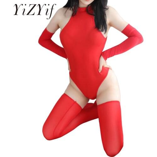Womens Lingerie Nightwear Bodysuit with Oversleeve Stocking Mock Neck Sleeveless Nightclub Stage Performance Rave Costume