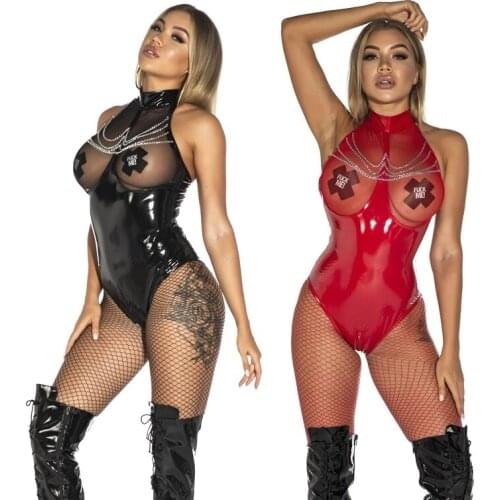 S-5XL Sex Appea Mesh PVC Catsuit Hollow Out Zipper Open Crotch Bodysuit Lingerie One Piece Bodystocking Sexy Hot Erotic Body Red