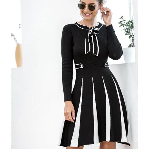 Women Knitted Sheath Dress Autumn Winter Casular Black White Contrast Waist Kniting Dress Casual Elastic Bown Sweater Dress