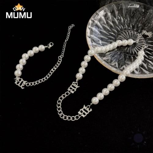 2Pcs Pearl Jewelry Set Women Elegant White Pearl Metal Choker Bracelet Necklace Statement Jewelry Set for Women Party Jewelry