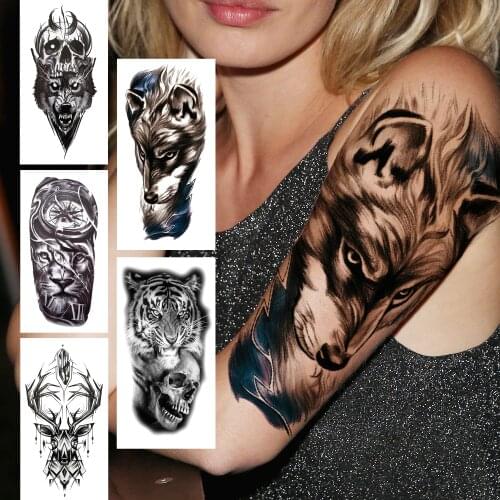 3D Realistic Wolf Temporary Tattoos For Women Men Adult Tiger Skull Deer Jewelry Tattoo Sticker Lion Black Fake Animal Tatoos