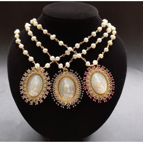 Promotion! 31x36mm Natural Freshwater Pearl Gudalupe Mother Pearl Necklace virgin of Guadalupe Pearl shell Necklace for Gift