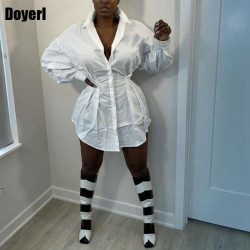 White Long Sleeve Shirt Dress Women Fitted Waist Ruched Mini Shirt Dress Autumn Turn Down Collar Casual Button Up Shirt Dress